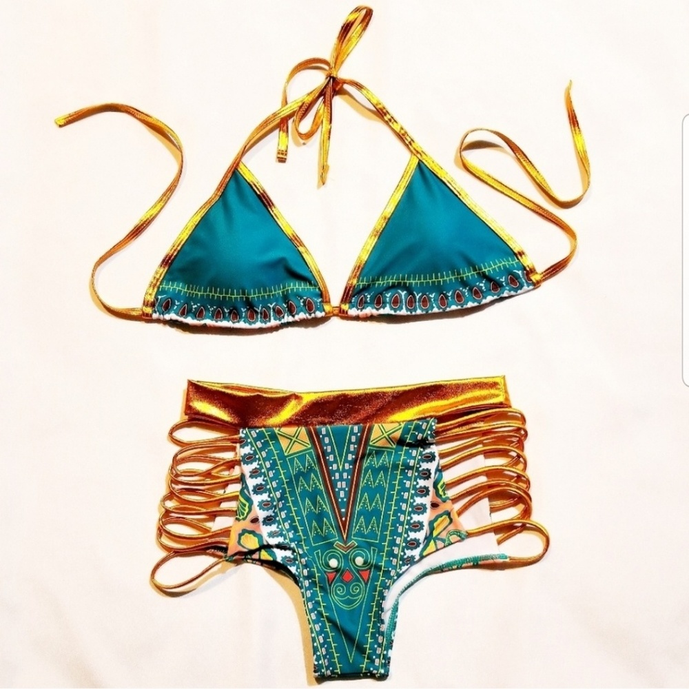 High Waist Bikini Teal & Gold Tribal Aztec Boho